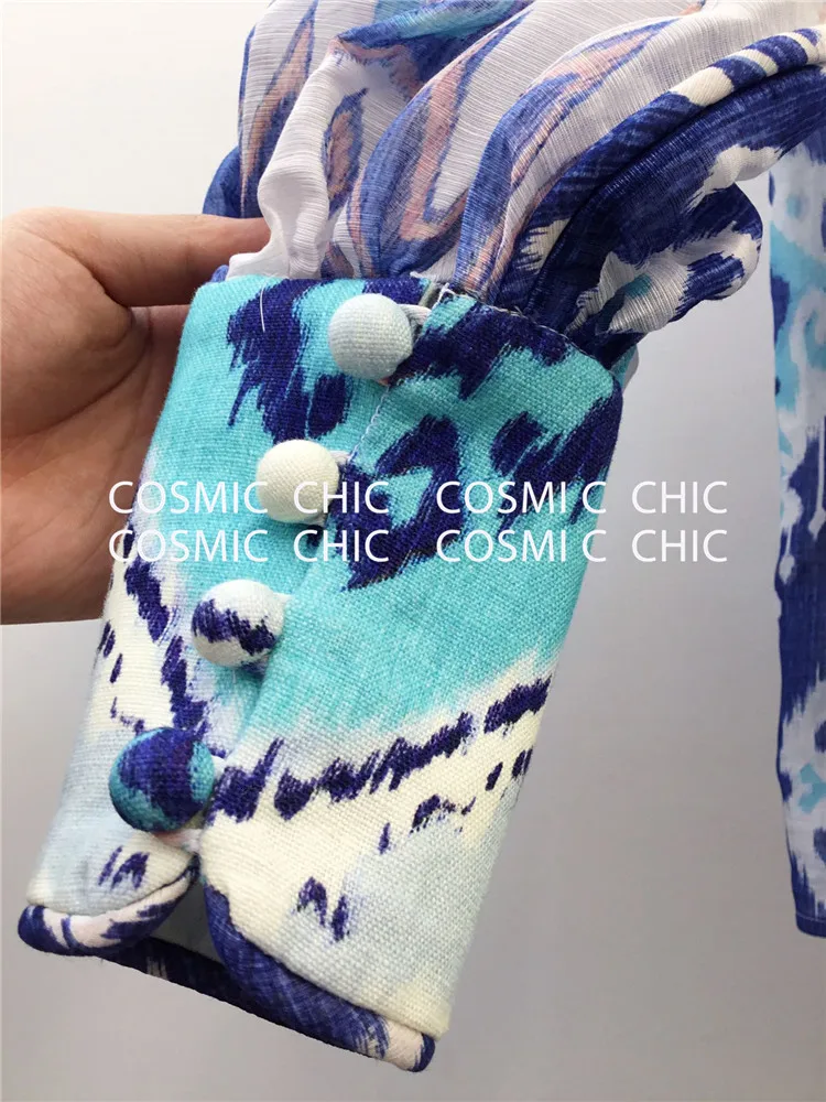 Cosmicchic фонарь с длинным рукавом Бохо льняное короткое платье со стоячим воротником принт рюшами Русалка мини сексуальное винтажное подиумное вечернее платье