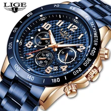 

LIGE Fashion Gold Blue Clock Top Luxury Men Sports Stainless Steel Chronograph Waterproof Military Watch Casual Date Watch Men