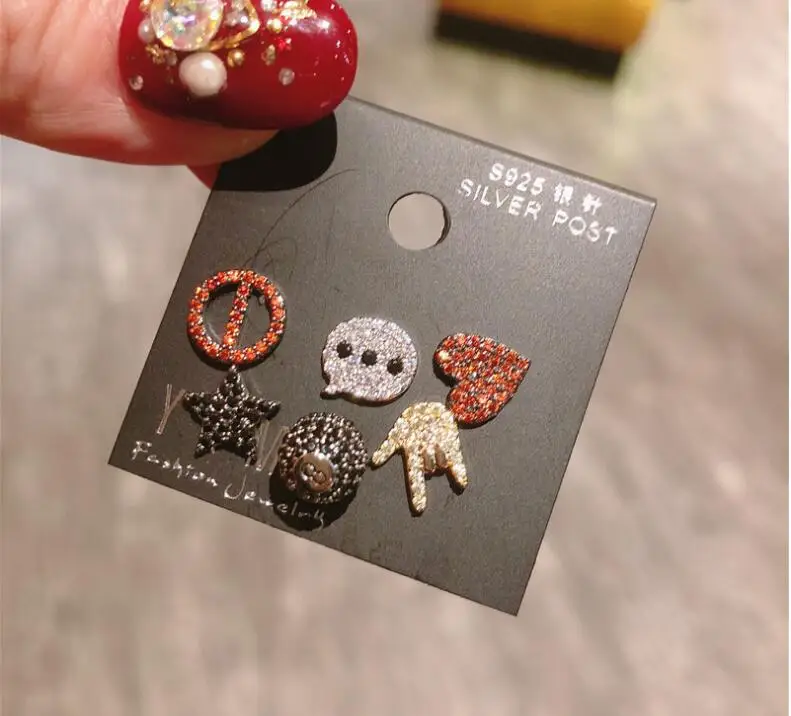 

Personality cute five-pointed star geometry 6-piece set colorful zircon stud earrings chic women ear accessories