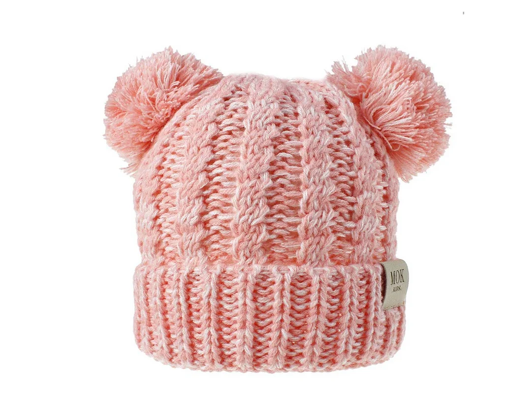 Skin Pink Новые парки Дисней новорожденных детская вязаная шапка зима теплая шапка Регулируемый двойной помпон вязаная шапка - Цвет: Skin Pink