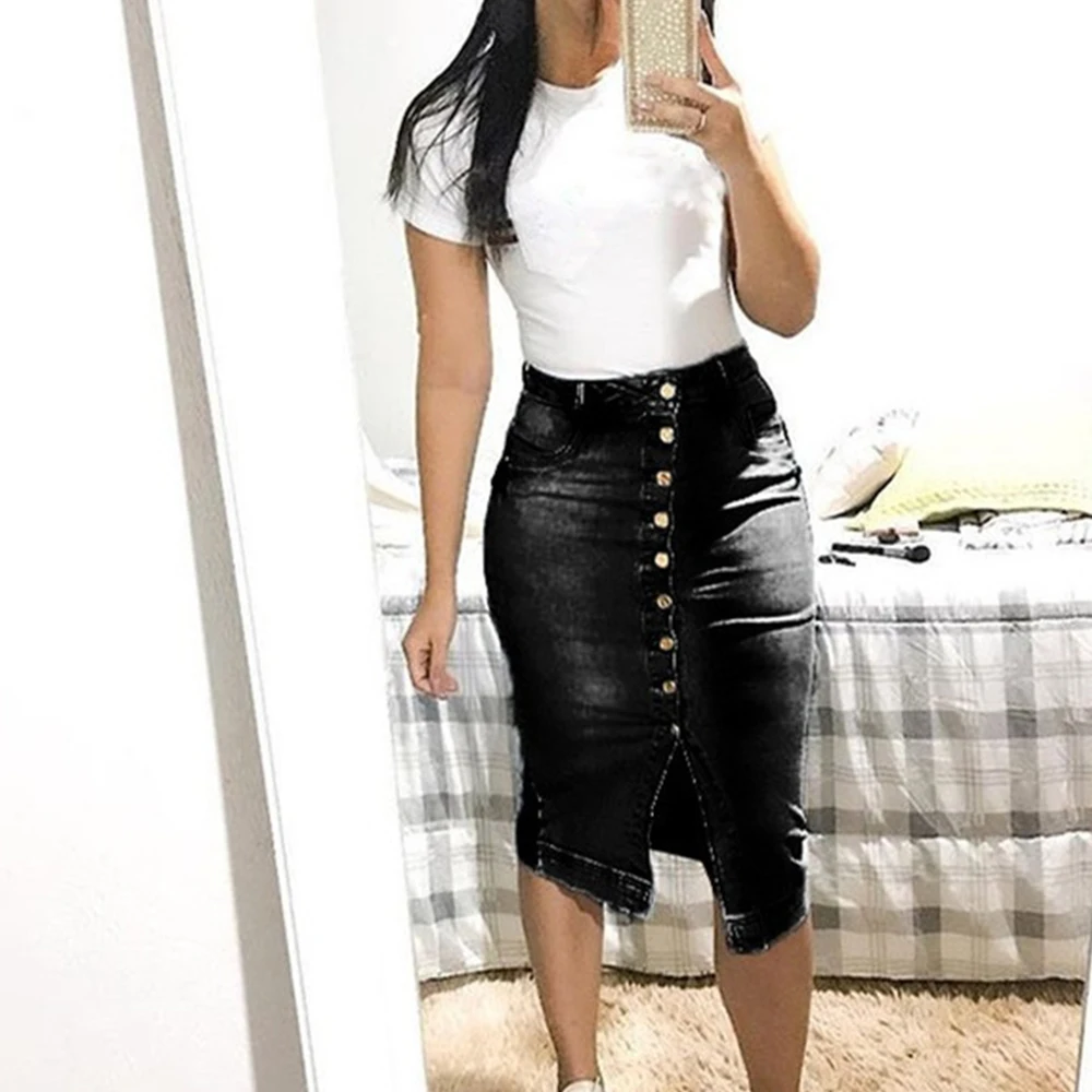 

Fashion Plus Size Denim Skirt for Women Natural Waist Ripped Button Maxi Skirt Women Casual Bodycon Jeans Lady Skirt Streetwear