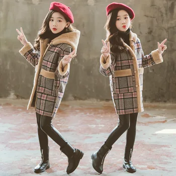 

2020 New Winter Coat for Girls Plaid Coat Fleece Long Jackets for Kids Outerwear Girls Coat Thicken Warm Children Clothing 12 Y