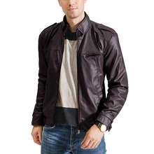 Мужские тонкие куртки, мотоциклетная куртка из искусственной кожи, одноцветная куртка со стоячим воротником на молнии, короткое приталенное винтажное пальто