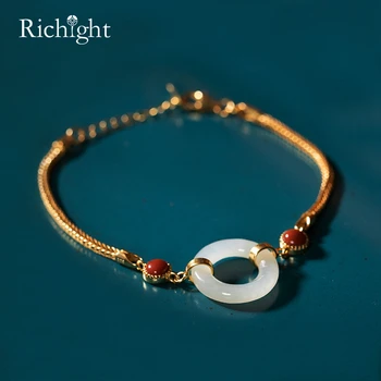 

Chinoiserie Simple Design Jade Loop Bracelets Classic 925 Sterling Silver Bracelet for Women Retro Luxury Gold Chain Bracelets