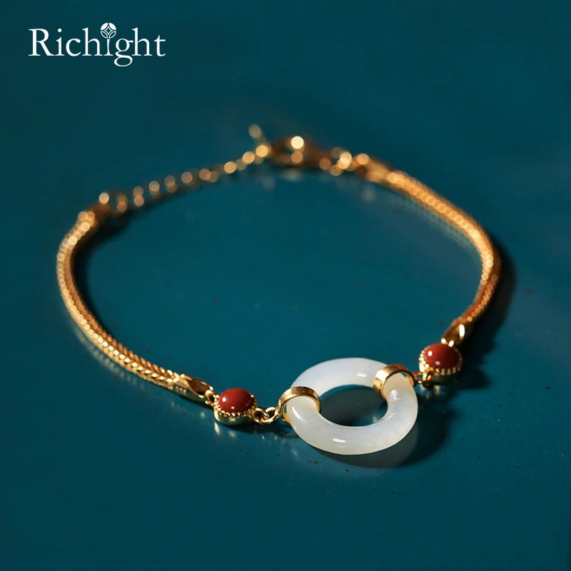 

Fashion Chinoiserie Classic Simple Design Jade Loop Bracelets 925 Sterling Silver Bracelet for Women Luxury Gold Chain Bracelets