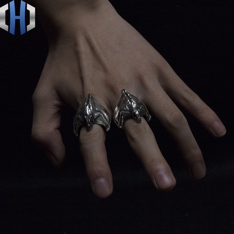 Оригинальное кольцо ручной работы с черной летучей мышью, мужское кольцо в стиле панк, ночной дух, серебро 925 пробы, темное кольцо на указательный палец