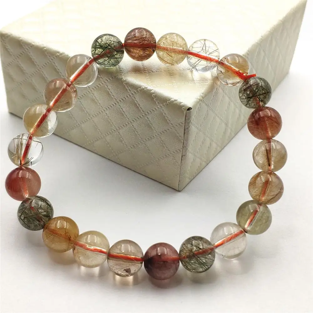 

8mm Natural Colorful Rutilated Quartz Crystal Gold Red Green Copper Bracelet Women Love Gift Round Beads Stone Jewelry AAAAA