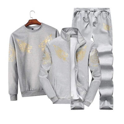 Dragon Gray Комплект из 3 предметов, спортивный комплект для мужчин, классический спортивный костюм с рисунком дракона, костюмы с толстовкой, Молодежная Спортивная одежда для мужчин и женщин, теплая спортивная одежда, спортивный костюм - Цвет: Dragon Gray