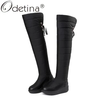 

Odetina New Women Wedge Platform Thick Fur Snow Boots Non-slip Winter Warm Thigh High Over The Knee Boots Lace Up Big Size 44
