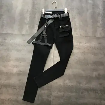 

New Personality Belt Leggings Jeans Female Pocket Zipper Pencil Trousers Black Denim Pants Trend Stretch Pants