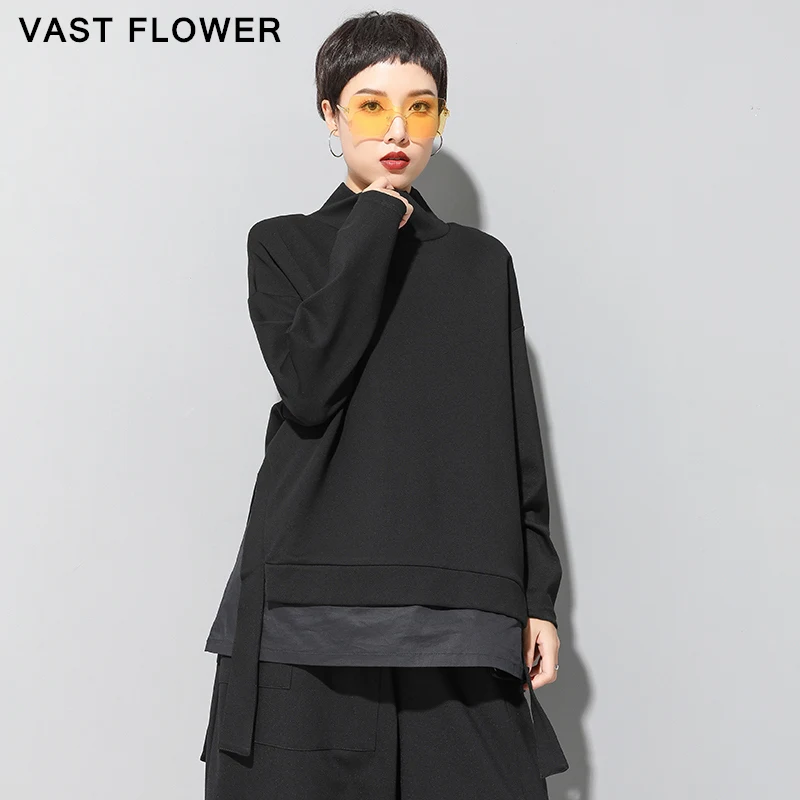 

Patchwork Irregular T-Shirt Women High Collar Long Sleeve Split Loose Casual Tshirt Tops Fashion Clothes Spring Autumn 2022