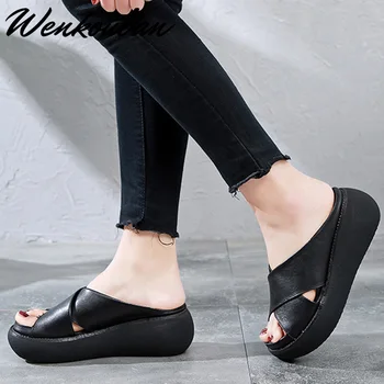 

2020 Women Slippers Summer Slip On Slides PU Leather Beach Flip Flops Cross Retro Casual Wedge Shoes Outdoors Heels Sandals