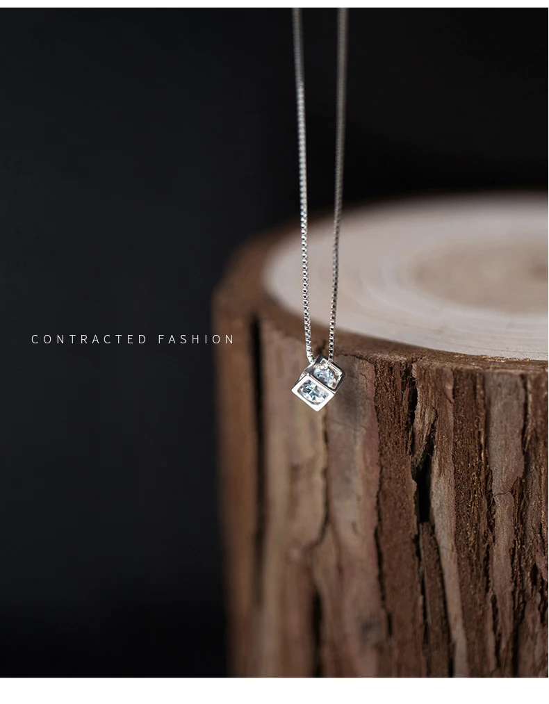 Colusiwei Real 925 Sterling Silver Minimalism Elegant Cube Square Clear CZ Pendant Necklaces Women Sterling Silver Jewelry