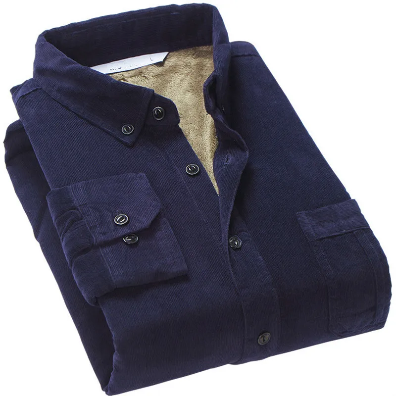 Men's Cotton Corduroy Warm Winter Shirt Thick Fleece Lining Thermal Shirt Long Sleeve Bottoming