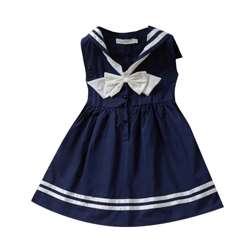 

Girls Dress 2019 Hot Sale Summer Sleeveless Children's Dress with Bow Baby Cute Dress Military Navy Style Striped Kids Dresses