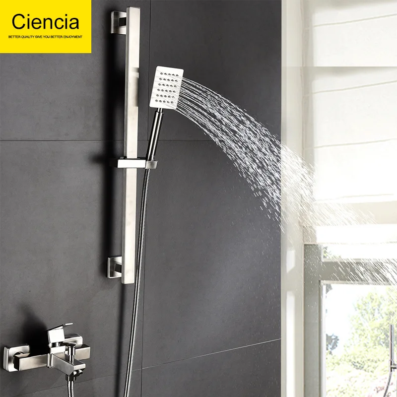 

304 Stainless Steel Shower Head Set with Lift Rod Shower Hot And Cold Faucet Square Shower Support