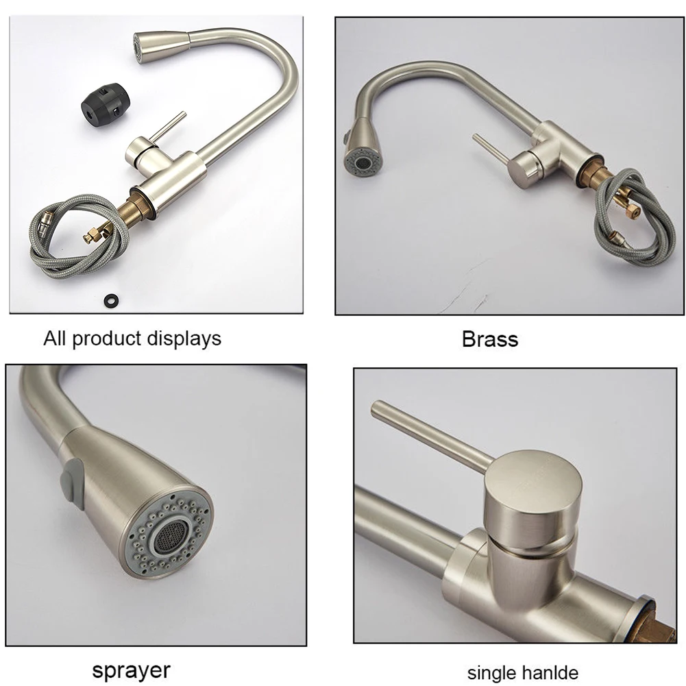Home Sink Swivel Handle Single Hole Mixer Stainless Steel Kitchen Faucet Stream Pull Out Brushed Nickel Durable Sprayer Tap