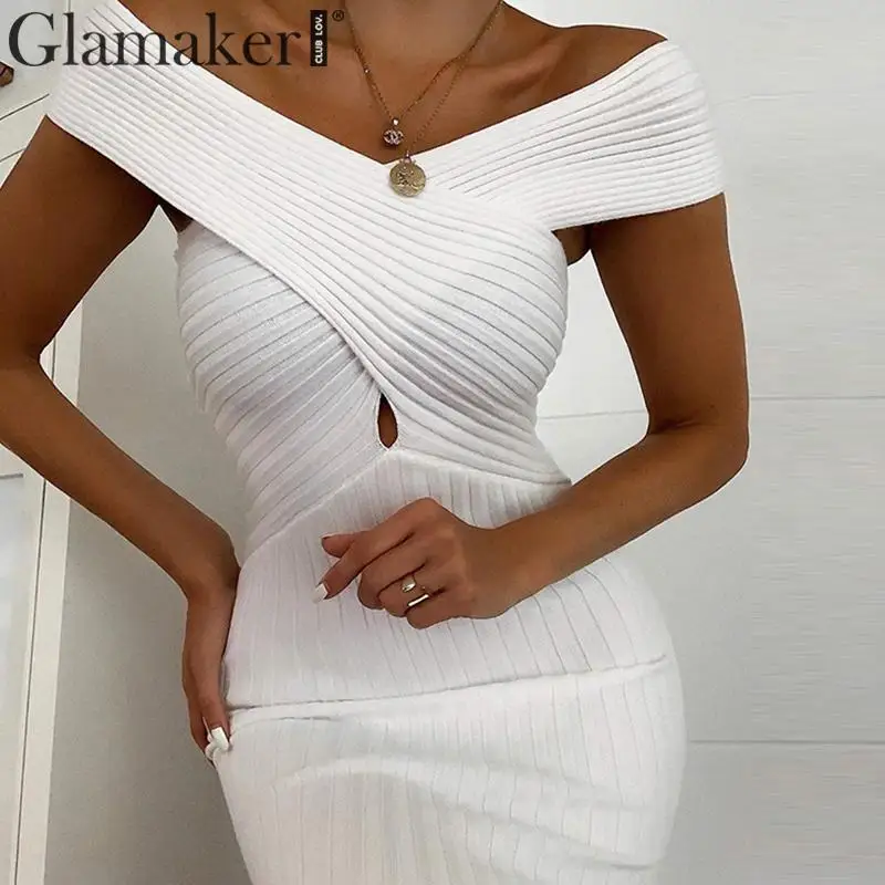 

Glamaker Off shoulder backless knitted bodycon dress Women white hollow out sexy short dress Autumn party club dress elegant