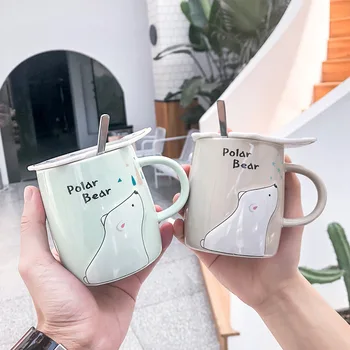 

Originality Cartoon Lovely Little Bear Ceramics Cup Bring Cover Bring Spoon Literature Small Fresh Marc Cup Breakfast Milk