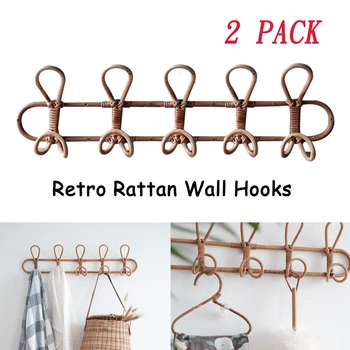 

2 Pack Rattan Wall Hooks Clothes Hat Hanging Hook Crochet Nordic Vintage Cloth Holder Organizer Hangers Decor 5 Hooks