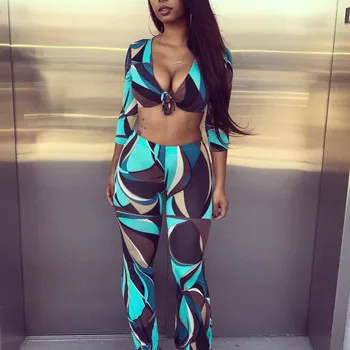 

Sexy Two Pieces Sets Summer Printed Crop Tops wtih Pants Women Fashion Off Shoulder Holiday Vacation 2 Pieces Suits Female 2020