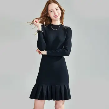 

HAVVA 2019 Autumn and Winter New Style Ruffles Fishtail Dress Women’s Slim Solid Color O-neck Mini Dress Q4895