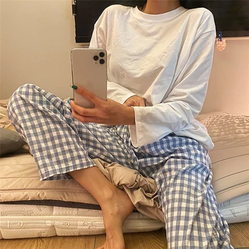 

women 2 piece set home suit plaid pants pajamas set casual cotton long sleeve Tshirt loose sleepwear vintage home set blue Y077