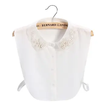 

Women Sweet Chiffon Fake Collar Golden Embroidery Floral Faux Pearl Half-Shirt