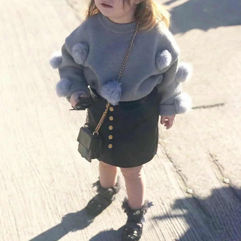 6 Years Girls Clothes Winter Set 2Pcs Pompon Long Sleeve Gray Tops+Black mini skirt 2020 Fashion Kids Clothes For Girls D30