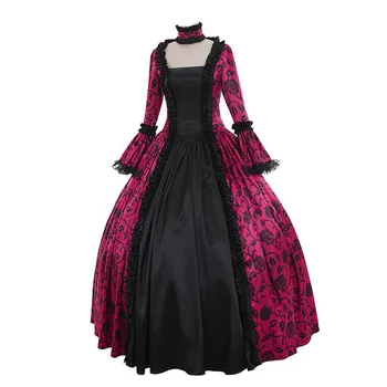 

Ladies Halloween Floral Ruched Dress Women Fall Winter Plus Size Medieval Gothic Retro Lace Print Ball Gowns Gowns Dress Vestido