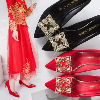 

Red Wedding Shoes High Heels Bridal Shoes Woman Metal Ladies Dress Shoes Faux Suede Boat Shoes Rhinestone Pumps Spring 6.5 N7719
