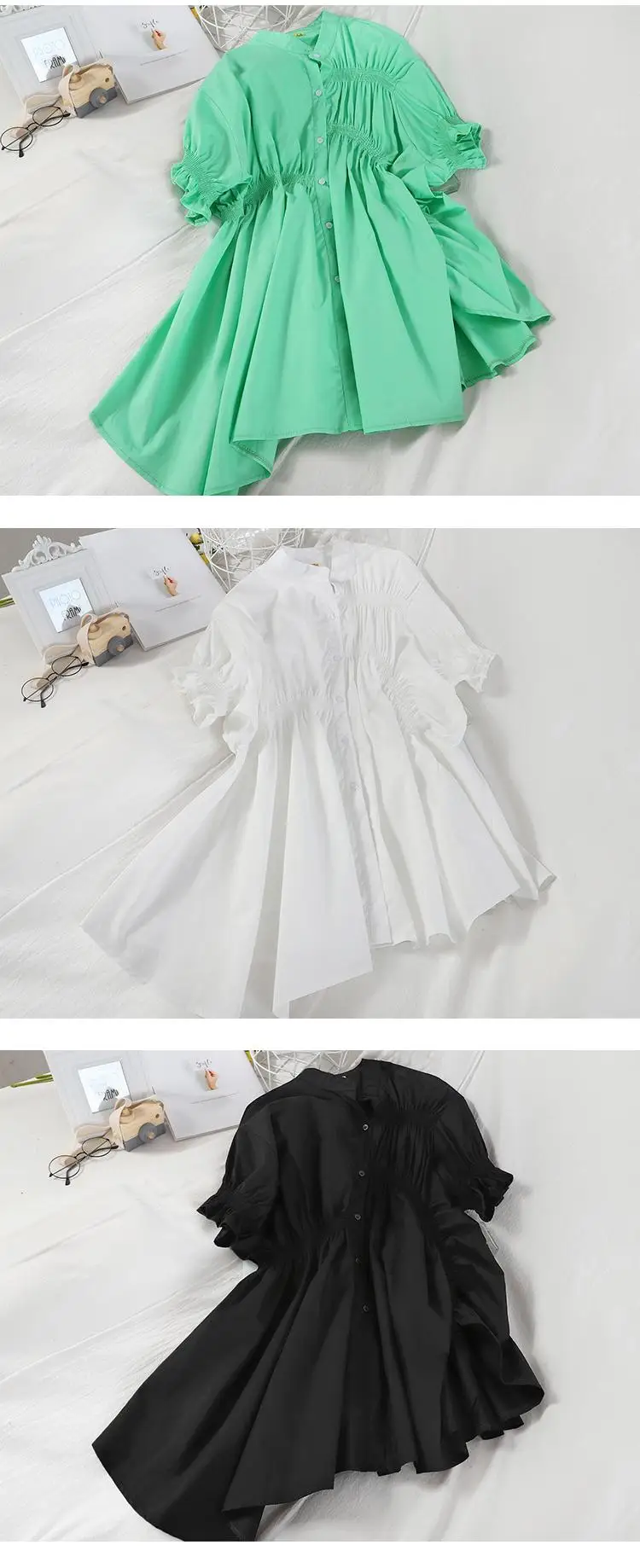 DEAT 2020 New Summer Fashion Streetwear Irregular High Waist Pleated Short Sleeve Solid Color Loose Women Dress SB383