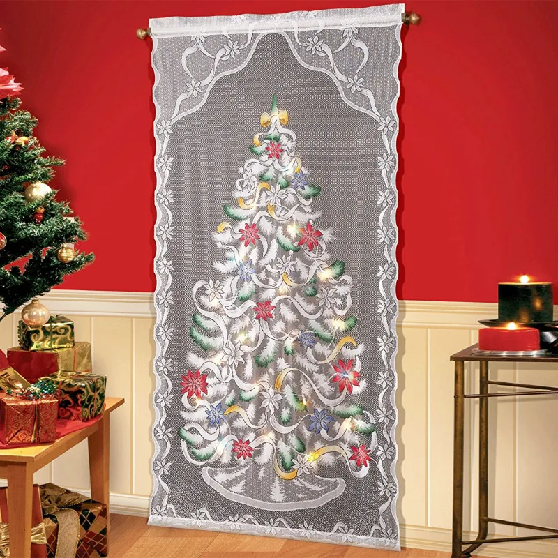 

Christmas Door Window Lace Curtain with LED Light Sheer Tulle Rod Christmas Tree Pattern Curtains Holiday Party Home Decor