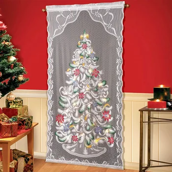 

Christmas Door Window Lace Curtain with LED Light Sheer Tulle Rod Christmas Tree Pattern Curtains Holiday Party Home Decor