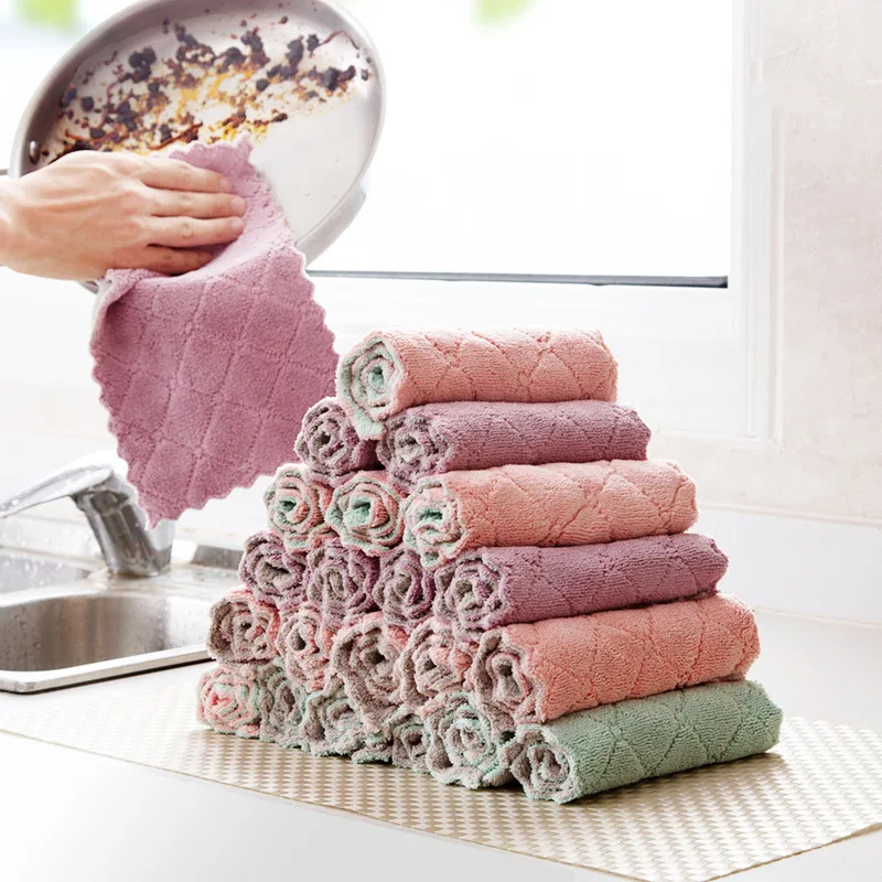 4pcs Clean Towels Microfiber Dishcloth Kitchen Accessories Double-sided Coral Fleece High Absorption Tableware Cloth Reusable