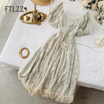 

Vintage High Waist Floral Dress Women Slim A-line Lace Long Robe Summer Ladies Elegant Patchwork Party Dresses Vestidos