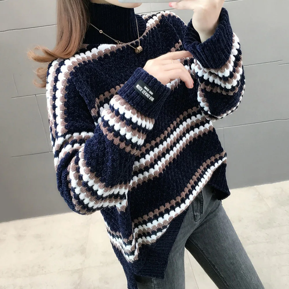 빈티지 따뜻한 셔닐 실 스웨터 여자 전체 슬리브 벨벳 스웨터 겨울 숙녀 솔리드 터틀넥 느슨한 여성 점퍼 2022