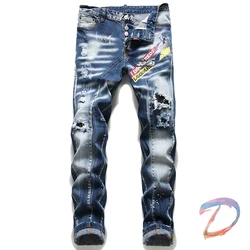 DSQ2 pantalones vaqueros rasgados para hombre, Vaqueros desgastados de alta calidad, color azul