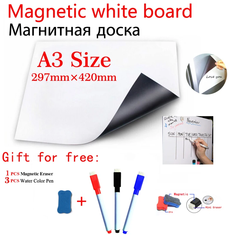 Imán para pizarra magnética tamaño A3, pizarra blanca de borrado en seco, para nevera pegatina, vinilo Flexible para casa Oficina cocina, 3 bolígrafos, 1 era