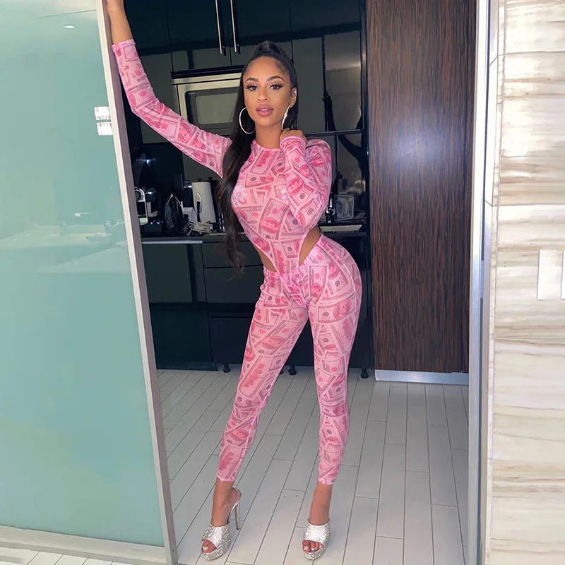

Mesh Print Night Club Long sleeve Bodysuit & Pants Party 2 Pieces set Party Fashion outwear Summer 2020