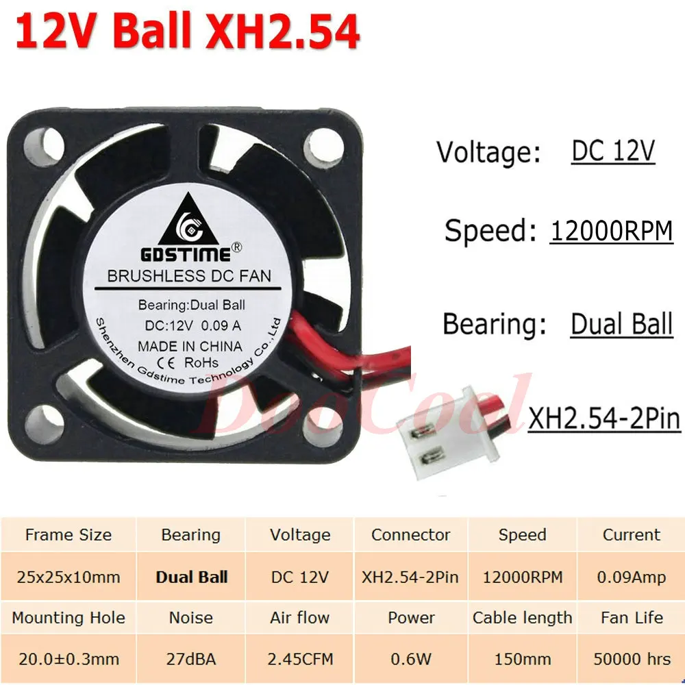 5 шт. Gdstime с фокусным расстоянием 25 мм 25x25x10 мм 2Pin JST Dupont 5 В, 12 В, 24 В постоянного тока, 2510 рукав Шаровая Опора радиатора мини Бесщеточный Охлаждающий вентилятор Cooler - Цвет лезвия: 12V Ball XH2.54