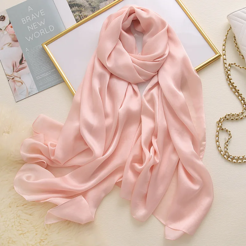 

2019 Fashion Women 100% Pure Silk Scarf Female Luxury Brand Plain Solid Color Foulard Shawls and Scarves Beach Cover-Ups Hijab
