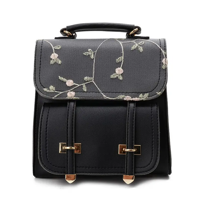 MoneRffi, школьный рюкзак для девочек-подростков, Высококачественная кожаная женская сумка через плечо, рюкзак с цветочной вышивкой, дизайнерский рюкзак - Цвет: black