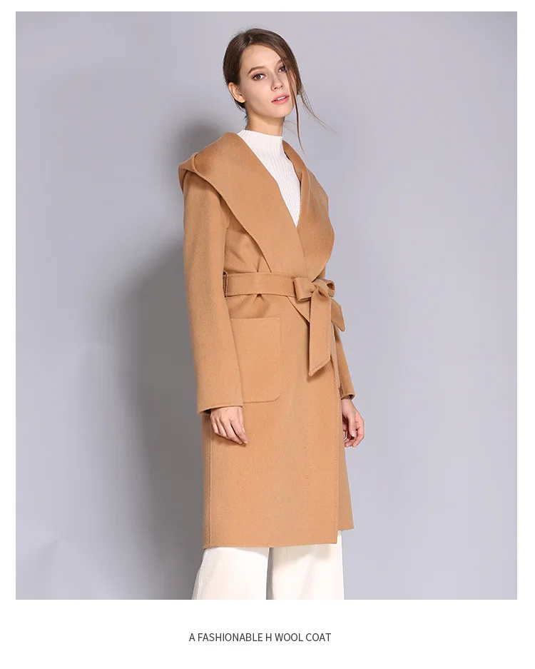 Ручная работа двустороннее шерстяное пальто женское зимнее повседневное с капюшоном с поясом длинное роскошное шерстяное пальто для женщин