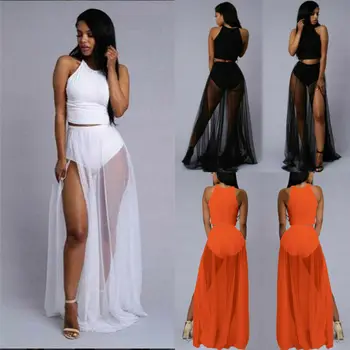 

UK Sexy perspective flower color gauze skirts Lady Thigh Slit Split Bodycon Clubwear Long Maxi Skirt Cocktail Dress