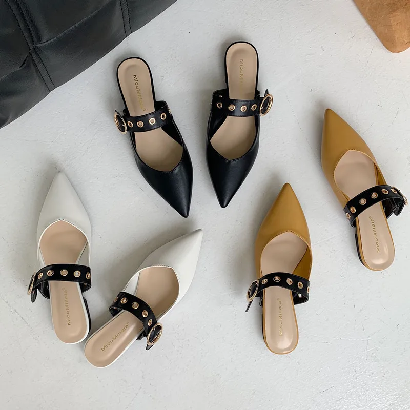 

2021 Women Mules Sexy Pointed-Toe Elegant flat shoes Ladies Slippers Slip on Leisure shoes Ladies Office Shoes yellow Pumps