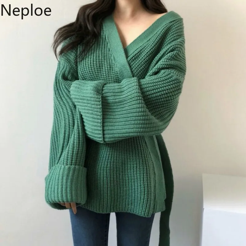 Neploe, шикарный, средней длины, свободный, Сумасшедший стиль, Sueter Mujer Inverno, v-образный вырез, тонкая талия, на шнуровке, однотонный, вязаный свитер, однотонный, для женщин, 47628