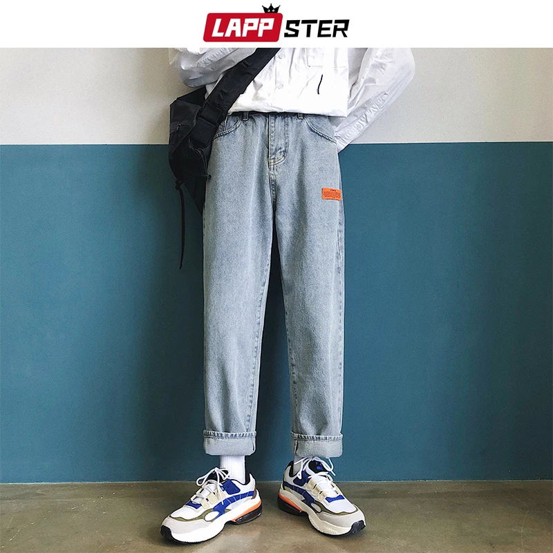 LAPPSTER Mens Korean Fashoins Harem Blue Jeans Pants 2019 Vintage Straight Pants Harajuku Jeans Baggy Belt High Quality Denim LAPPSTER Mens Korean Fashoins Harem Blue Jeans Pants 2019 Vintage Straight Pants Harajuku Jeans Baggy Belt High Quality Denim