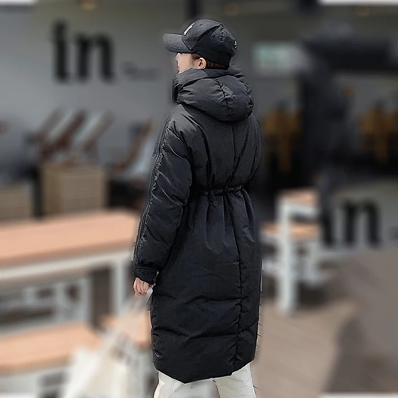 Корейский стиль, Зимняя женская куртка, черный, бежевый цвет, с капюшоном, большие размеры, свободное Женское пальто, верхняя одежда, с подкладкой, Длинная женская парка