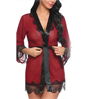 

Womens Plus Size Sexy See Through Mesh Lingerie Bath Robe Contrast Color Eyelash Floral Lace Patchwork Nightgown Satin Belt Slee